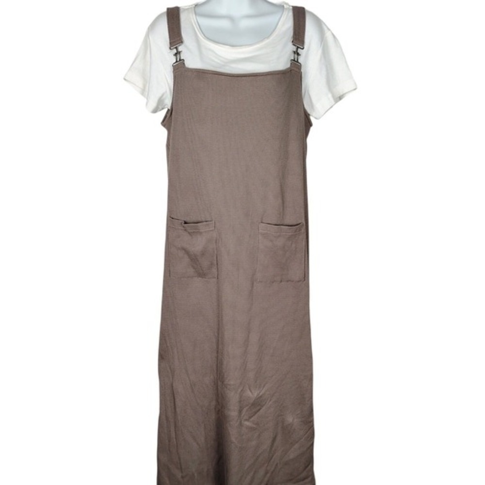 Claudia D. Brown Ribbed Pinafore Dress w\ White Tee Set M vtg boho mom‎